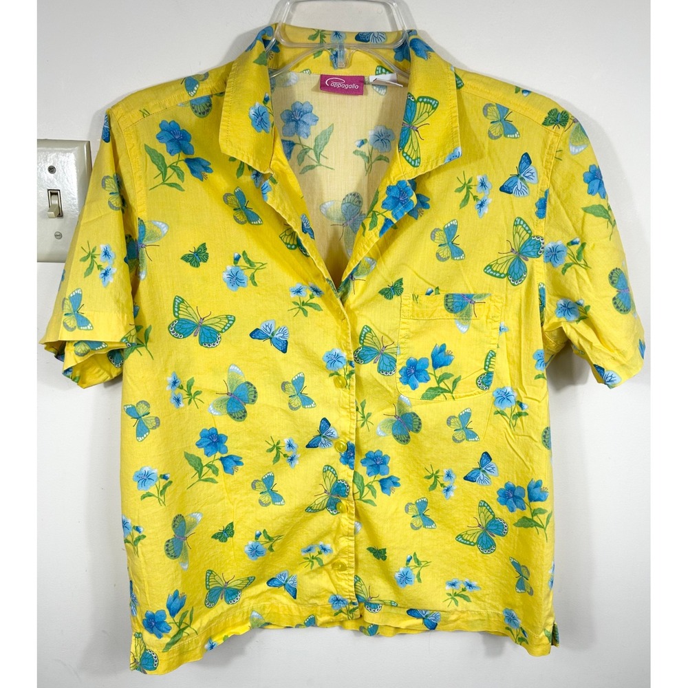 VTG Pappagallo Camp‎ Shirt Womens L Yellow Butterfly Floral 80s Retro Resortwear